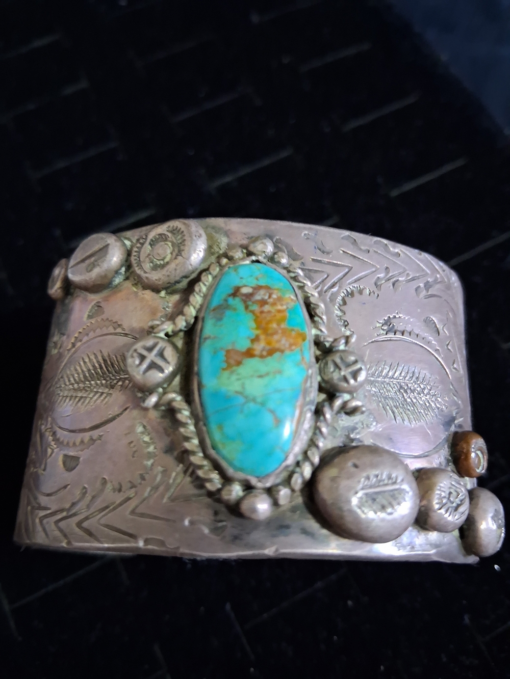 Old Pawn Native American Turquoise Oval Stone Sterling Silver Cuff Bracelet